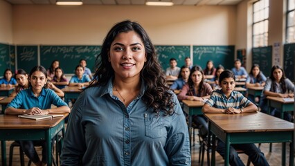Portrait of a serious young female teacher looking at camera while standing in classroom. Education concept. - obrazy, fototapety, plakaty