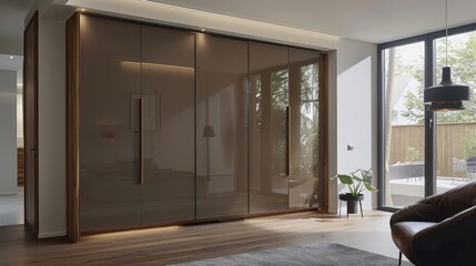 Wooden wardrobe with glossy sliding doors in minimalist style interior design of modern bedroom. - obrazy, fototapety, plakaty