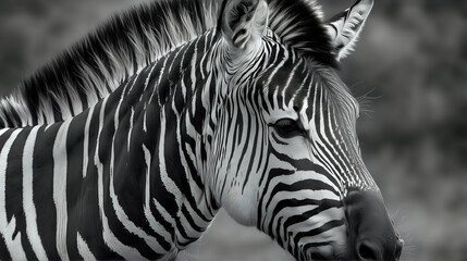 A close-up monochrome portrait of a zebra, showcasing its distinctive stripes and mane, with a focus on its eye and facial details