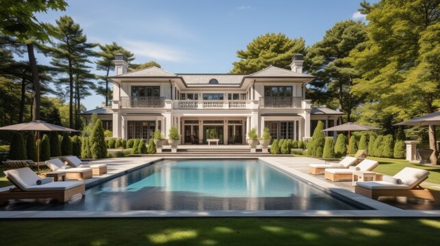 Mediterranean inspired villa with a sprawling garden and a private beach access in the exclusive Hamptons, New York