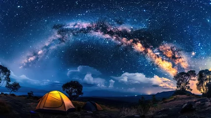 Fotobehang Modern tent camping under the starry sky with the Milky Way. Realistic. © B.Panudda