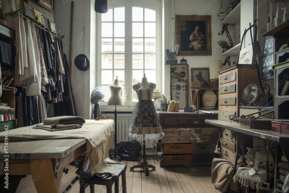 Wall mural A room with a sewing machine and a mannequin by AI generated image