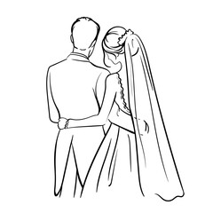 wedding, newlyweds, bride and groom in an embrace, rear view, line art