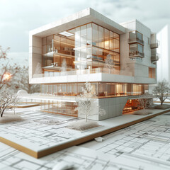 A conceptual model of a modern building with glass facades over architectural blueprints. Generative Al