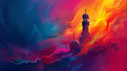 Eid Mubarak Background, Radiant Mosque Under Swirling Vortex of Colors Celebrating the Vibrancy of Ramadan Mubarak - obrazy, fototapety, plakaty