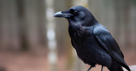 Black raven in the forest close-up. Intelligent bird in nature. 