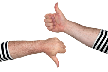 Male hands in a sailor suit show thumbs up and down as a sign of agreement and protest.