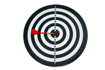 The red dart hits the center of the round target, isolated on a white background. 
