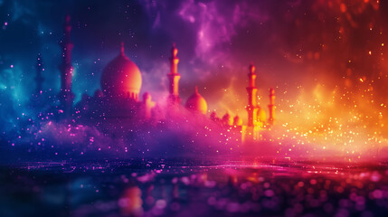 Eid Mubarak Background: Vibrant Mosque Silhouette against a Dazzling Eid Night Sky for Spiritual Celebrations and Religious Greetings