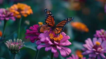 Obraz premium Monarch butterfly, Danaus plexippus, wanderer, common tiger, on deep pink, purple flower, zinnia in a backyard garden