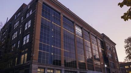 A historic building retrofitted with transparent solar window panels, blending the old with the new in renewable energy solutions, the facade gently lit by the soft, reflective light of an overcast da