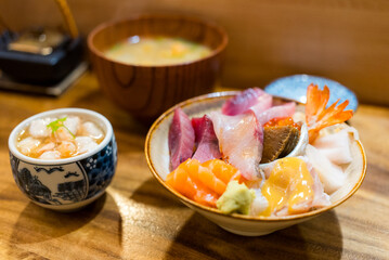 Assorted sashimi rice don in Japanese restaurant
