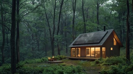An off-grid cabin, perfectly situated in a lush forest clearing, its roof adorned with solar panels, capturing the essence of sustainable living in harmony with nature