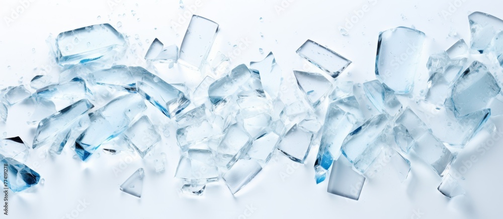 Poster a close up view of several ice cubes stacked on top of each other on a clean white tabletop