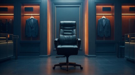 A chair in a room with suits on shelves