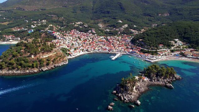Greece travel and scenic places. Aerial drone video of Parga colorful town and popular tourist resort in Epirus