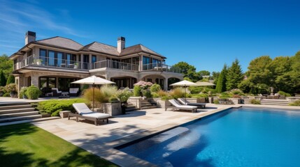 Naklejka premium Mediterranean inspired villa with a sprawling garden and a private beach access in the exclusive Hamptons, New York