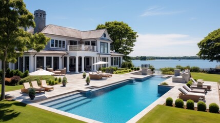 Fototapeta premium Mediterranean inspired villa with a sprawling garden and a private beach access in the exclusive Hamptons, New York