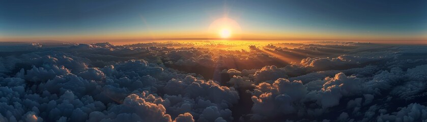 A canopy of clouds seen from above with the sun setting on the horizon - obrazy, fototapety, plakaty