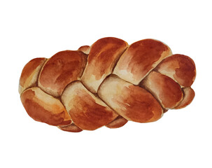 Watercolor braided bread bun icon. Confectionery with poppy seeds. Fresh tasty bun. Sweet loaf. Hala bread.