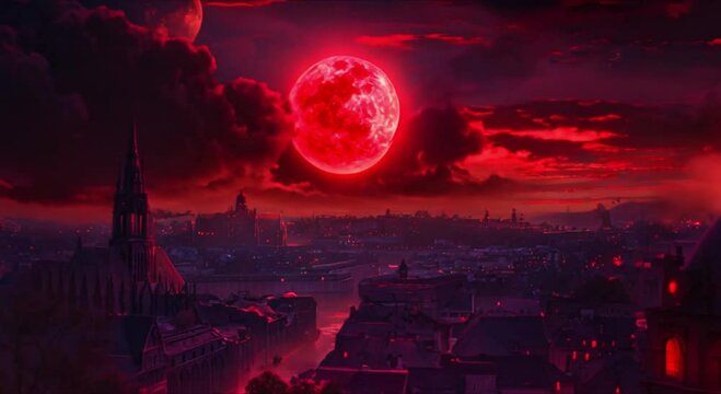 spooky view of the old city and the red moon footage