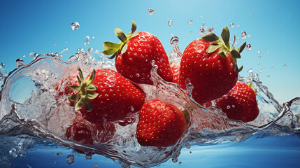 Morceaux de fruits, fraise sur un fond bleu avec éclaboussure d'eau. Fruit, sain, délicieux, sucré. Jus de fruit, dessert. Pour conception et création graphique.  - obrazy, fototapety, plakaty
