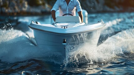 Proud male owner of a luxury speedboat sits at the steering wheel - obrazy, fototapety, plakaty