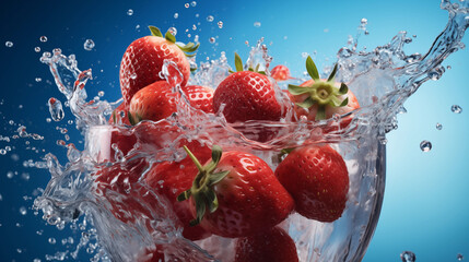 Morceaux de fruits, fraise sur un fond bleu avec éclaboussure d'eau. Fruit, sain, délicieux, sucré. Jus de fruit, dessert. Pour conception et création graphique. 