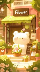 cute bear in a flower store, cartoon wallpaper in warm colors