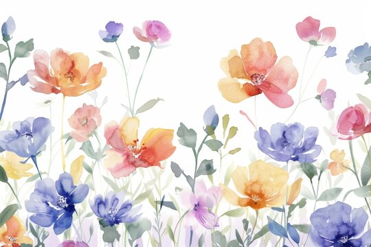 Colorful watercolor floral field in bloom - A bright and cheerful watercolor painting capturing a field of various colorful flowers, symbolizing growth and vitality