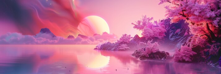 Mystical pink cherry blossoms by a serene lake - A dreamy landscape featuring a pink sunset over a tranquil lake surrounded by cherry blossoms and a celestial event in the sky