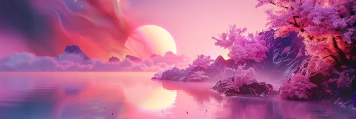 Selbstklebende Fototapete Candy Pink Mystical pink cherry blossoms by a serene lake - A dreamy landscape featuring a pink sunset over a tranquil lake surrounded by cherry blossoms and a celestial event in the sky