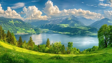Fototapeta premium View over Zeller See lake. Zell Am See, Austria, Europe. Beautiful green meadows and pines at foreground, Alps at background