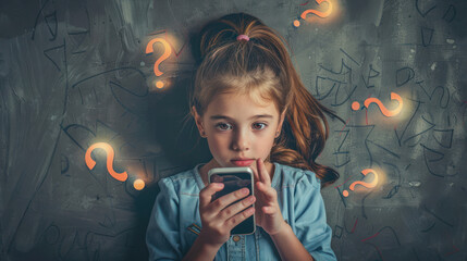A young girl holds her phone with an inquisitive look, illuminated by question mark symbols - obrazy, fototapety, plakaty