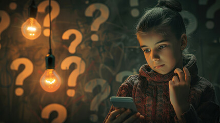 A thoughtful girl with a smartphone surrounded by question marks and vintage-style glowing bulbs, suggesting deep contemplation or problem-solving - obrazy, fototapety, plakaty
