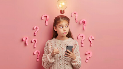 A girl stands puzzled, looking at her phone with question marks and a lightbulb above - obrazy, fototapety, plakaty