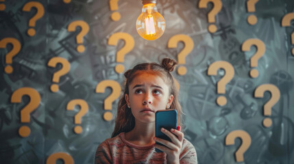 Young girl thoughtfully holds smartphone, with question symbols and lightbulbs - obrazy, fototapety, plakaty