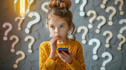 A pensive young girl holds a phone with illustrated question marks around her, symbolizing curiosity - obrazy, fototapety, plakaty