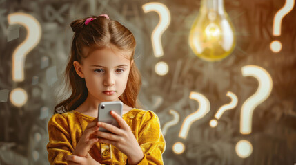A girl contemplates something on her smartphone, with question marks in the background indicating thought - obrazy, fototapety, plakaty