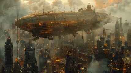 Steampunk airship flying over futuristic city - A grand steampunk-inspired airship floats over a bustling, skyscraper-filled cityscape under a dramatic sky reflecting industrial and futuristic aesthet - obrazy, fototapety, plakaty