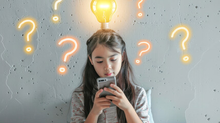 A young girl holding a phone, looking puzzled by question marks with a light bulb overhead - obrazy, fototapety, plakaty