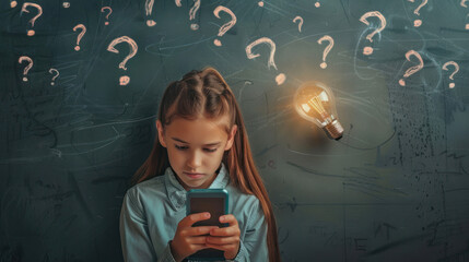 A focused girl looks at her phone, illuminated by a metaphorical light bulb and surrounded by questions - obrazy, fototapety, plakaty