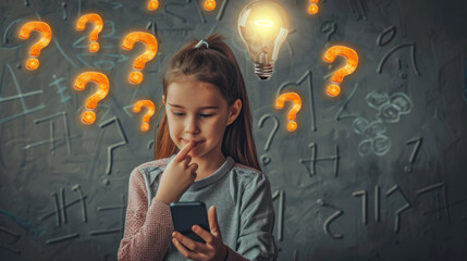 Girl appears to be deeply thinking while using her phone, with floating question marks symbolizing queries - obrazy, fototapety, plakaty