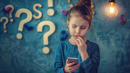 A girl is seen reflecting while looking at her smartphone, surrounded by colorful question marks - obrazy, fototapety, plakaty