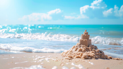 Beautiful sandcastle on the beach with sand on summer vacation on sunny day. Summer vacation, holidays, travel, dream concept. waves washing away sand castle on the sea beach. Copy space