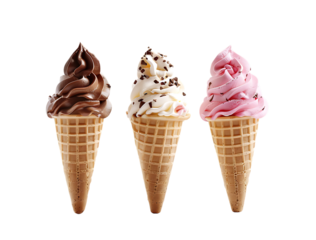 3 ice cream cones, one with vanilla ice cream on top, the second cone has chocolate and the third is pink colored with strawberry ice cream on it, isolated white background