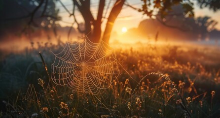 Rural sunrise with rays of light piercing through the mist, illuminating a dew-covered spiderweb in the foreground.