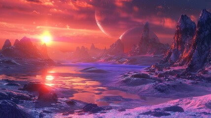 Alien Planet Landscape at Dusk with Moons - A surreal, otherworldly landscape with icy surfaces and a vibrant sunset against multiple moons