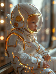 Astronaut in futuristic spacesuit contemplating - A thoughtful astronaut in a detailed, futuristic spacesuit contemplates the view from a spacecraft window, hinting at exploration and adventure - obrazy, fototapety, plakaty