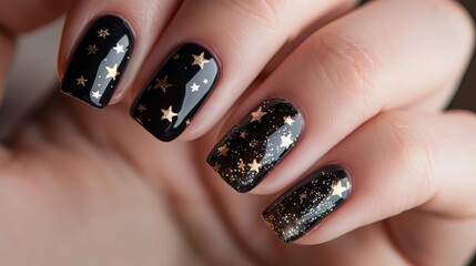 manicure black with gold stars on women's hands , ring in hand